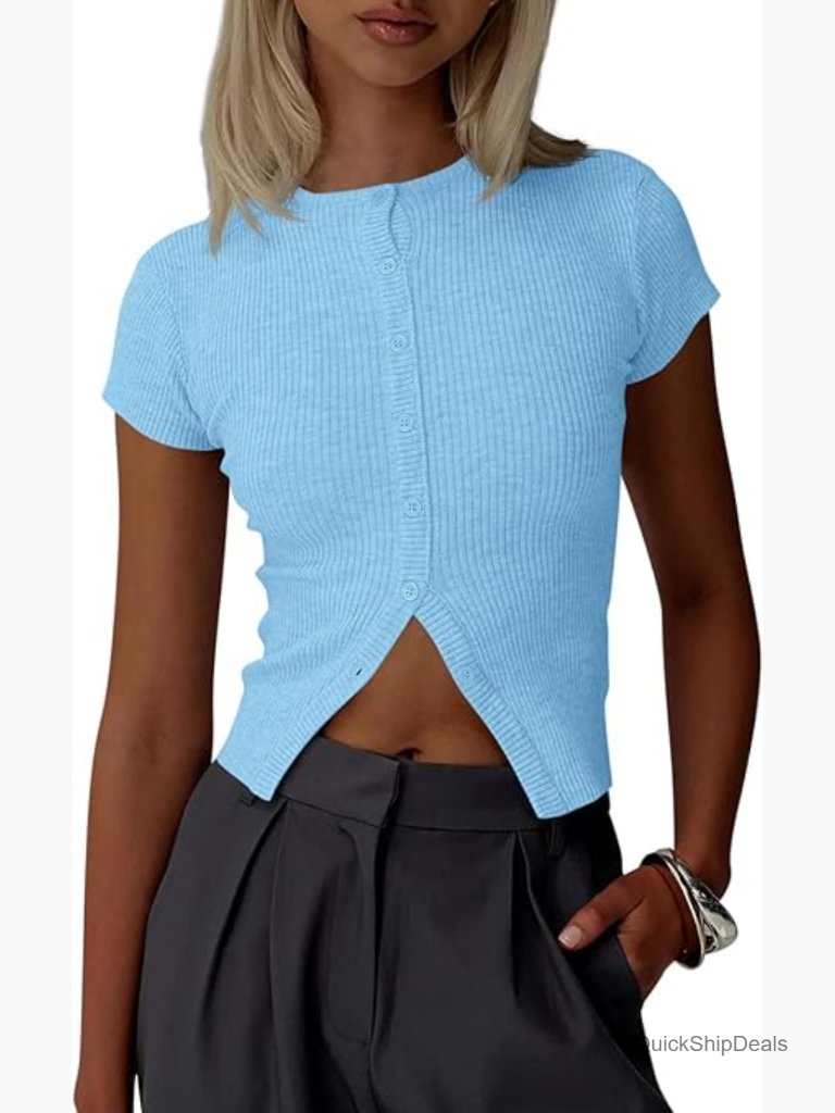 Short Sleeve Button Down Cardigan Crop Top Ribbed Knit Slim Fit